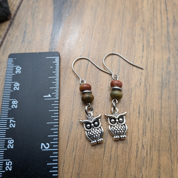 Silver Owl Earrings with Multicolor Beads - Picture 2 of 6